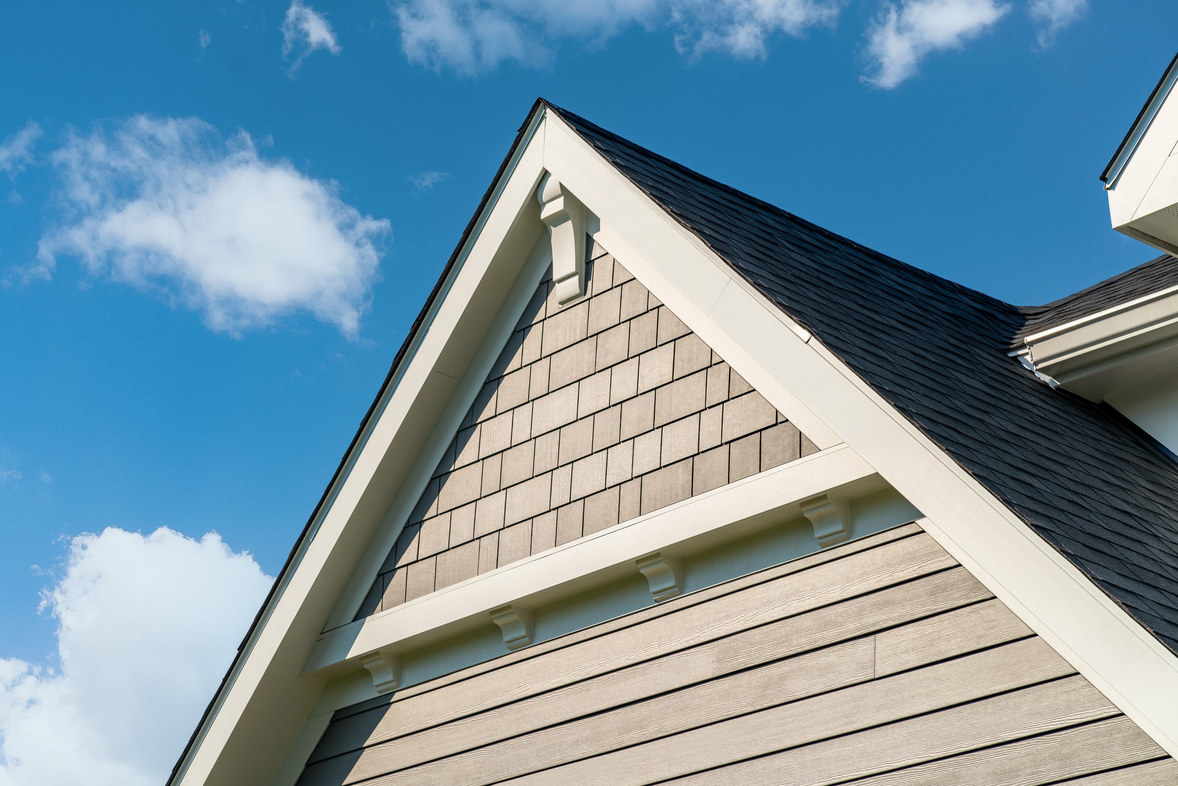 Considering material values - Hardie Plank lap siding and Hardie Shingle in Aged Pewter with Arctic White Hardie Trim Considering material values - Hardie Plank lap siding and Hardie Shingle in Aged Pewter with Arctic White Hardie Trim