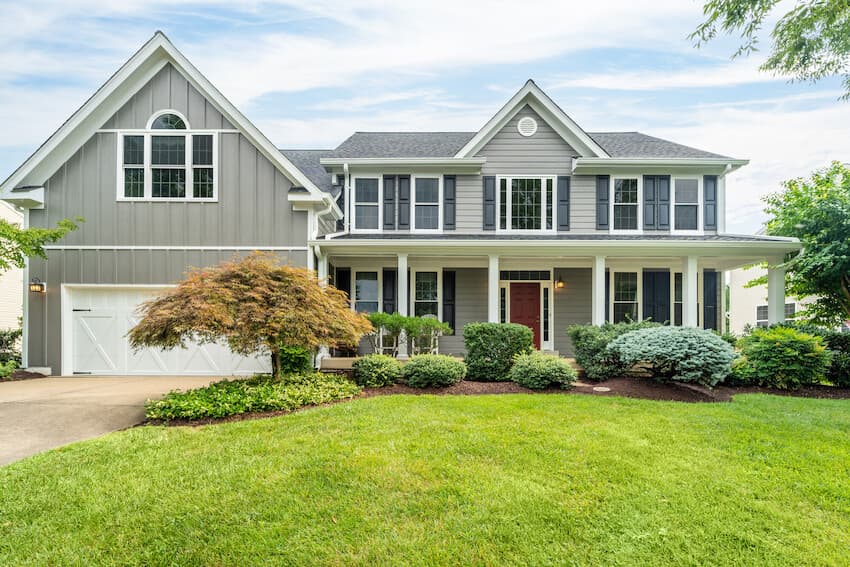 Curb Appeal 101: Two story house with Hardie® Plank and Hardie® Board and Batten trim in Light Mist Two story house with Hardie® Plank and Hardie® Board and Batten trim in Light Mist