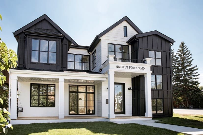 Different Styles and Colors - House clad in Arctic White Hardie® Shingle and Hardie® Plank Lap and Iron Gray Hardie® Board and Batten trim House clad in Arctic White Hardie® Shingle and Hardie® Plank Lap and Iron Gray Hardie® Board and Batten trim