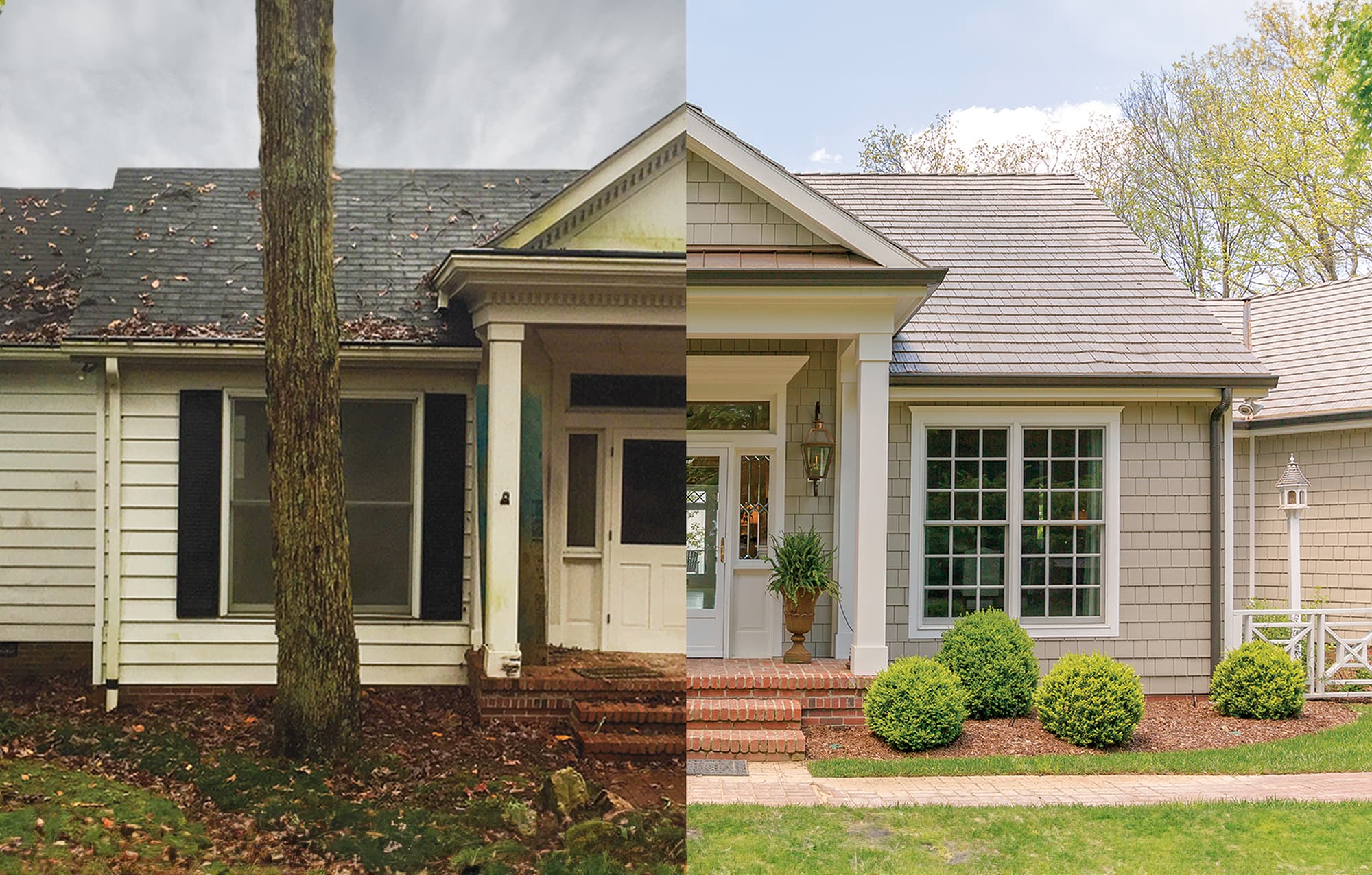 Before and after comparison of a home with old siding vs new, Hardie shingle siding  Before and after comparison of a home with old siding vs new, Hardie shingle siding
